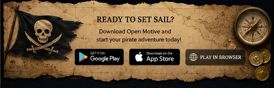 Open Motive download banner with pirate flag, compass and app store buttons