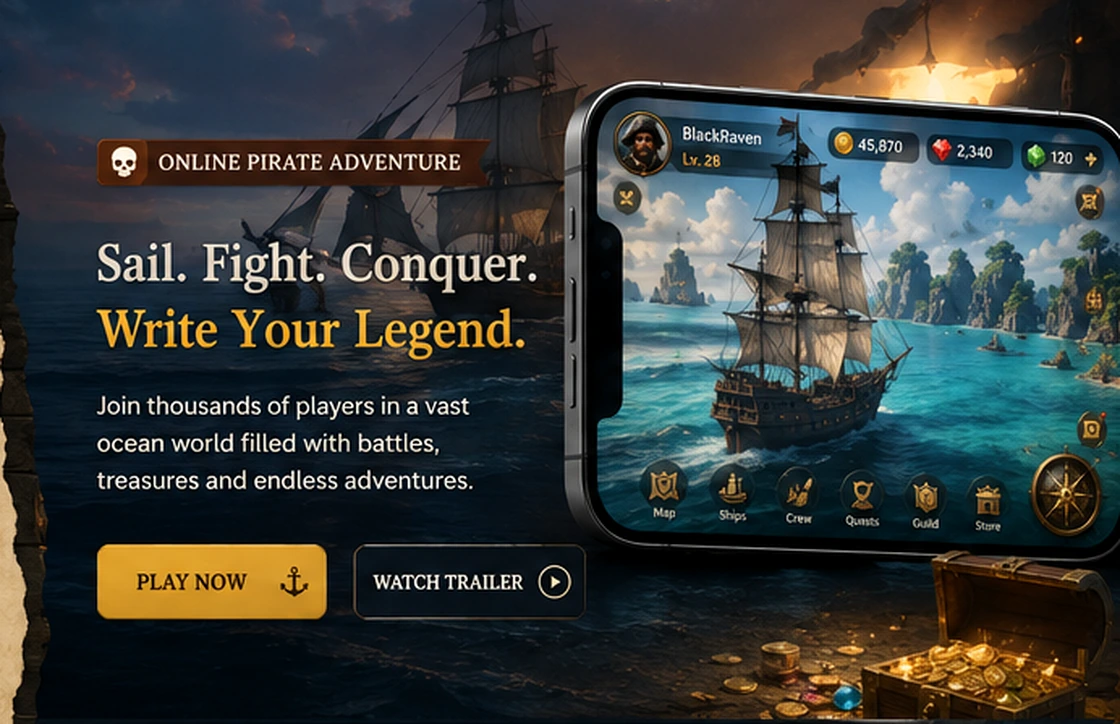 Open Motive pirate adventure game phone mockup with a ship sailing through islands